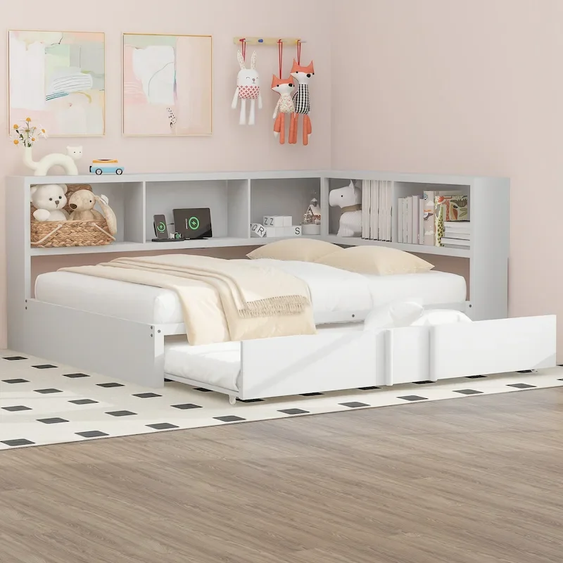 Full Size Metal Daybed with Trundle, Storage Cabinets, USB Ports