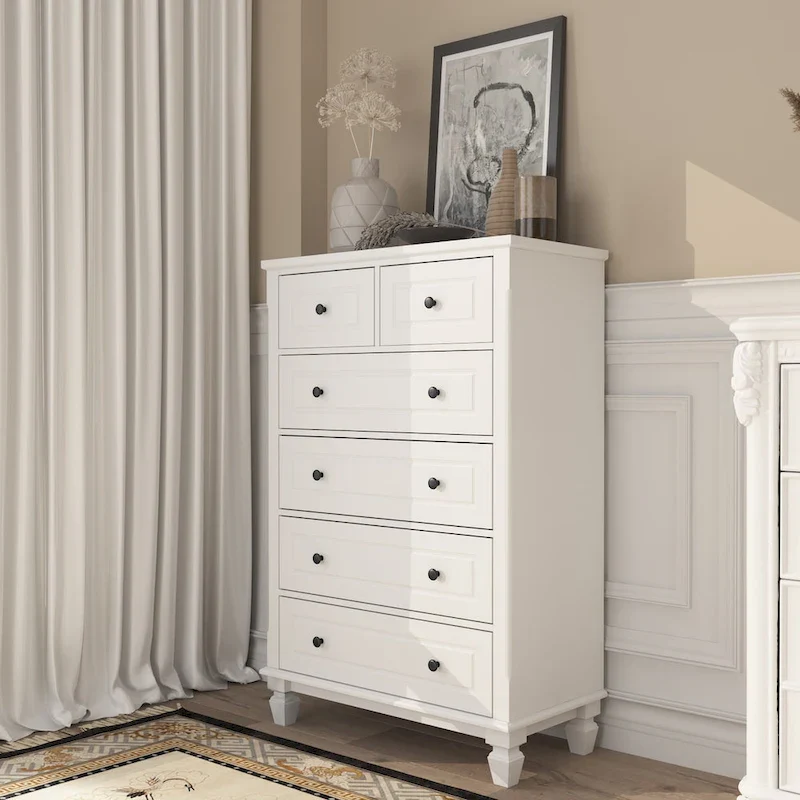 6-Drawer Modern Dresser with Metal Handles and Smooth Metal Drawer Slides – White, for 1 Person / Household