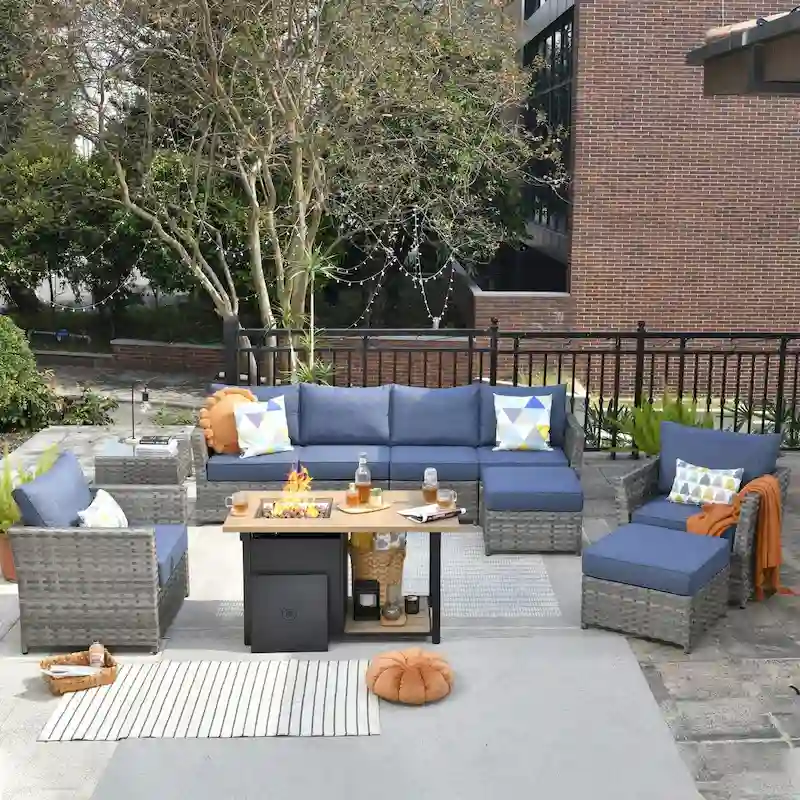 HOOOWOOO 10-piece Grey Wicker Patio Outdoor Furniture Set with Fire Pit
