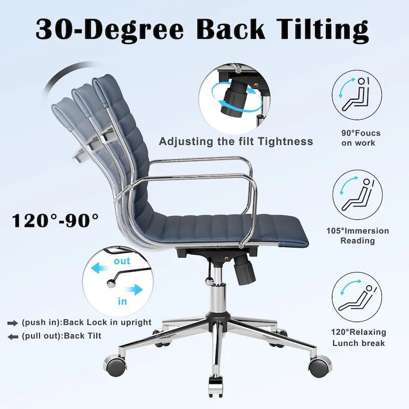 Ribbed Leatherite Office Chair with Chrome Frame, L-Shaped Arms and Swivel Base – Grey / White / Terracotta / Green / Brown / Black / Navy Blue / Gold & Navy Blue / Gold & Black / Gold & White, for 1 Person