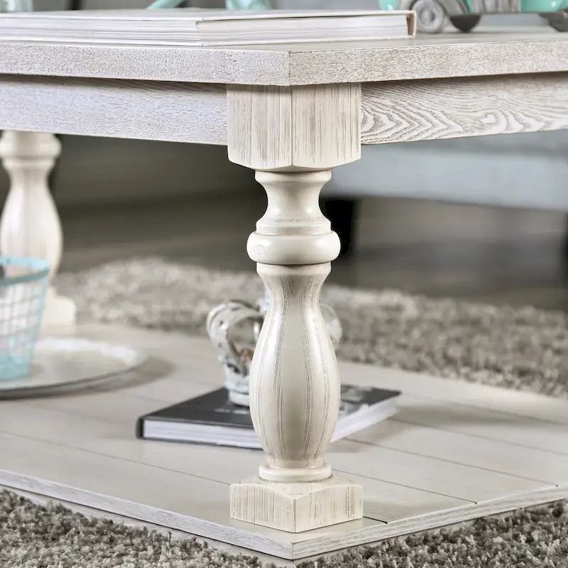 Wood Coffee Table with Lower Shelf, Antique White, Rustic Traditional, 52