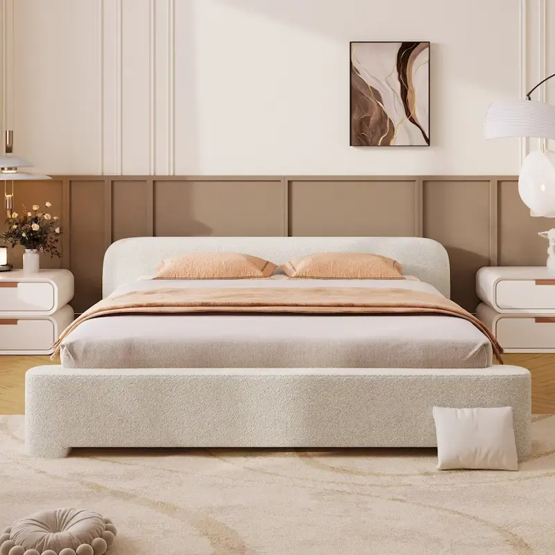 White Upholstered Boucle Bed, Low Profile Grounded Bedframe with Wood Slat Frame and Center Wood Legs Support Platform Bed
