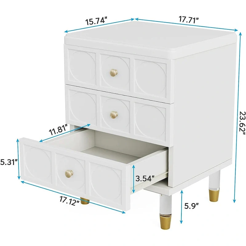 Nightstand Bedside Table with 3 Drawers, Bedroom Tall Night Stands Sofa End Table with Storage for Bedroom, Living Room