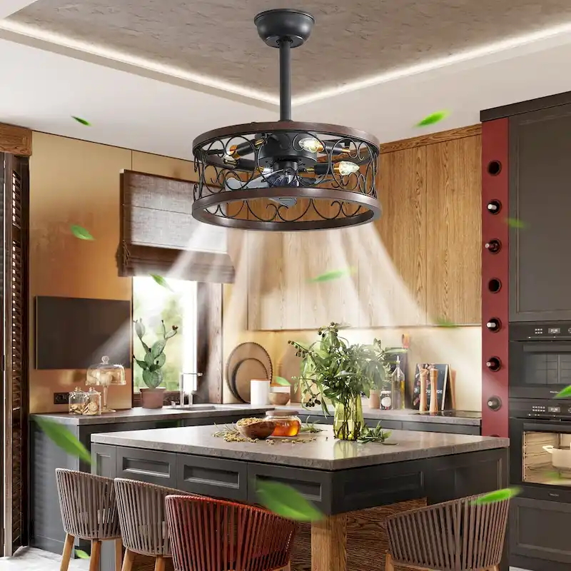 18inch Caged Ceiling Fan with Lights, Remote Control or APP(Bulbs included)