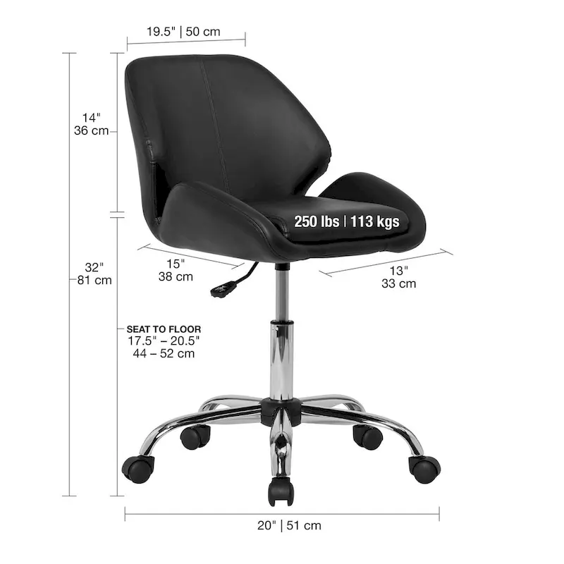Faux Leather Adjustable Office Task Chair with 5-Star Chrome Base and 360° Swivel – Silver / Black, for 1 Person