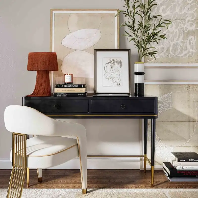 Art Deco Two-Drawer Desk with Gold Inlay – Off White / Black, Single
