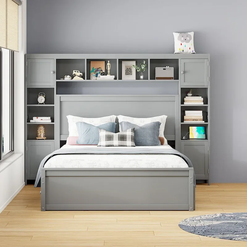 Modern Wooden Bed with Cabinet, Shelf, and Sockets