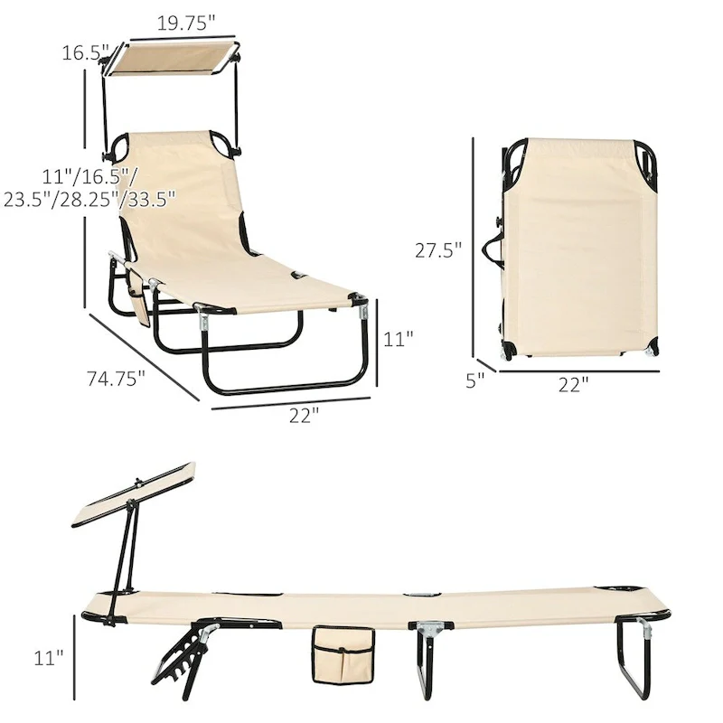 2 Piece Steel Frame Folding Chaise Lounge with Canopy Shade and Pocket