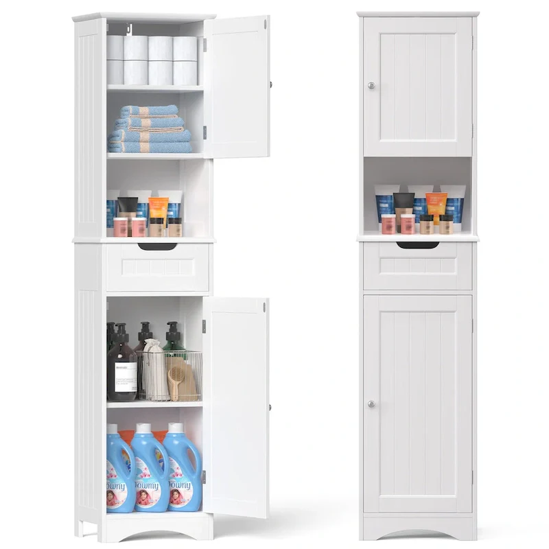 67 Tall Bathroom Narrow Linen Cabinet, 5 Tiers Solid Wood Freestanding Storage Cabinet