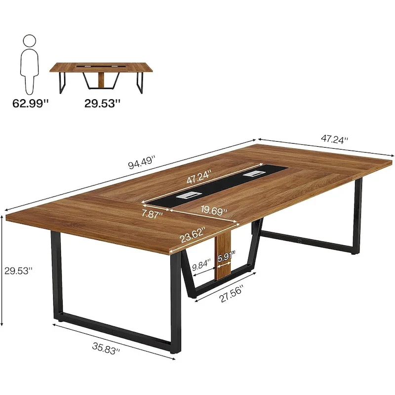 Large Rectangular Conference Table with Cable Management – Brown / Grey, Seats 8–10