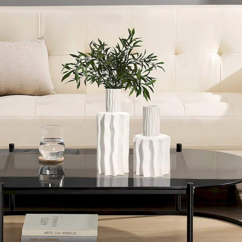2-Piece White Fluted Stoneware Table Vase Set