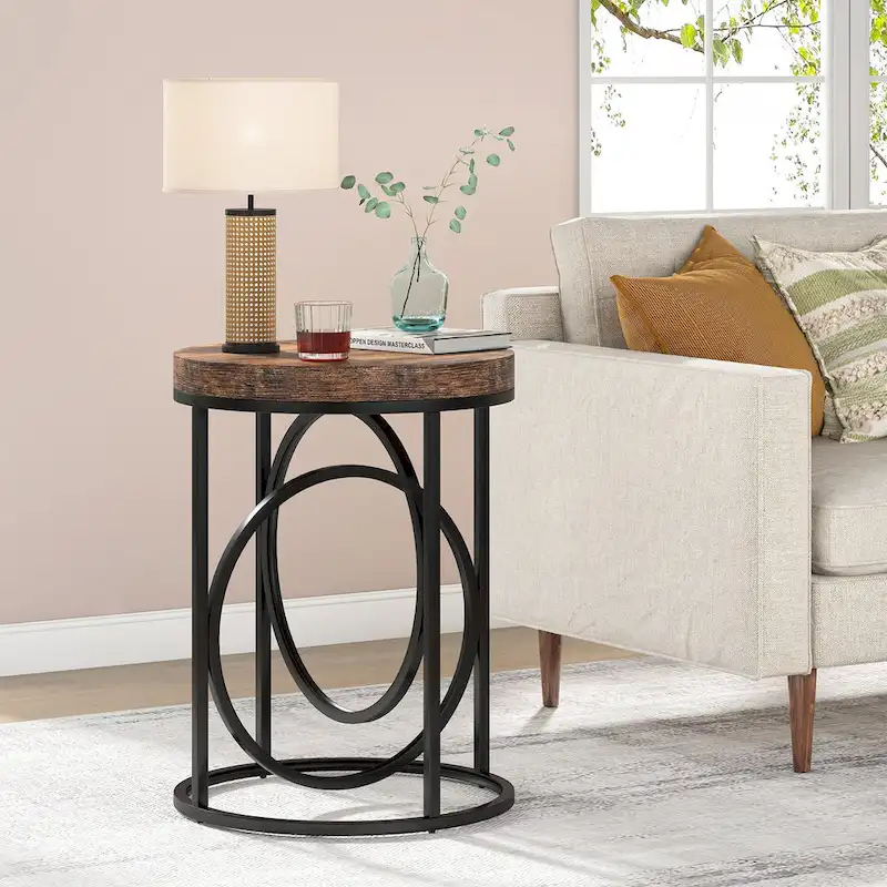 20 in. Marble White Round Wood End Table with Gold O-shaped Base