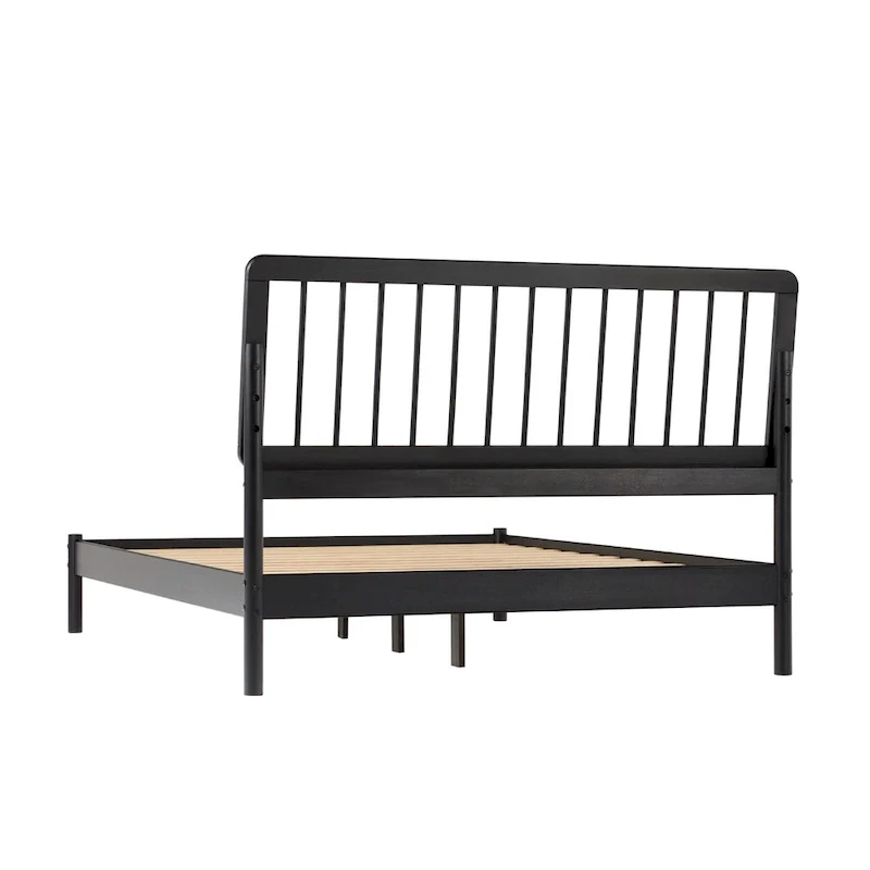 Queen Solid Wood Spindle Bed Frame with Pine Legs – Caramel / Natural Pine / Black, for 1–2 People