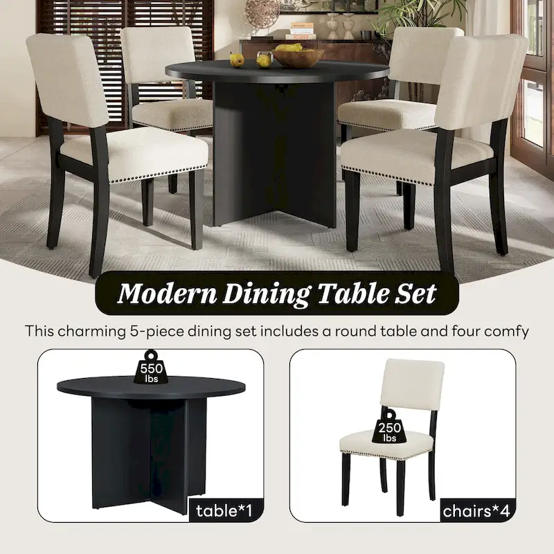 Farmhouse Style 5-Piece Wooden Dining Set with Round Table and 4 Lambswool-like Fabric Upholstered Chairs