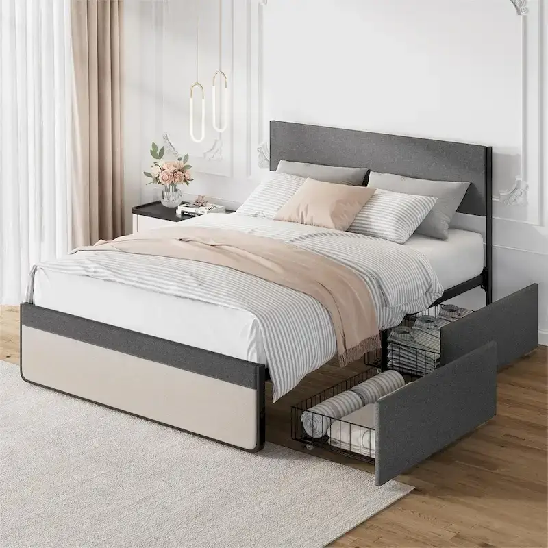 Upholstered Platform Bed with 2 Storage Drawers, Linen, Mid-Century, 700 lbs, Full/Queen