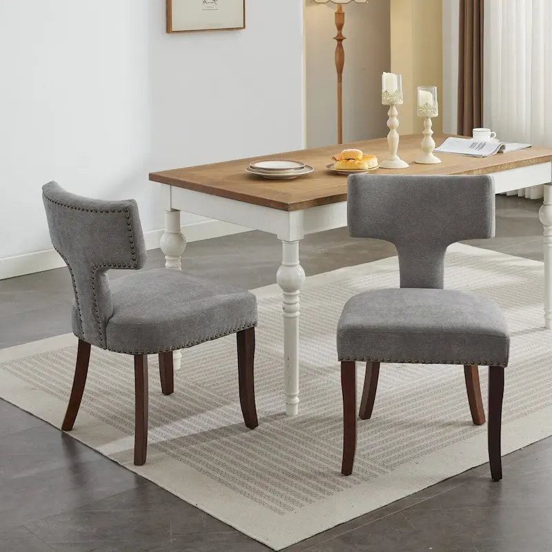 Modern Dining Chairs Set of 2, Farmhouse Linen Fabric Upholstered Accent Chair Curved Backrest with Copper Nails around