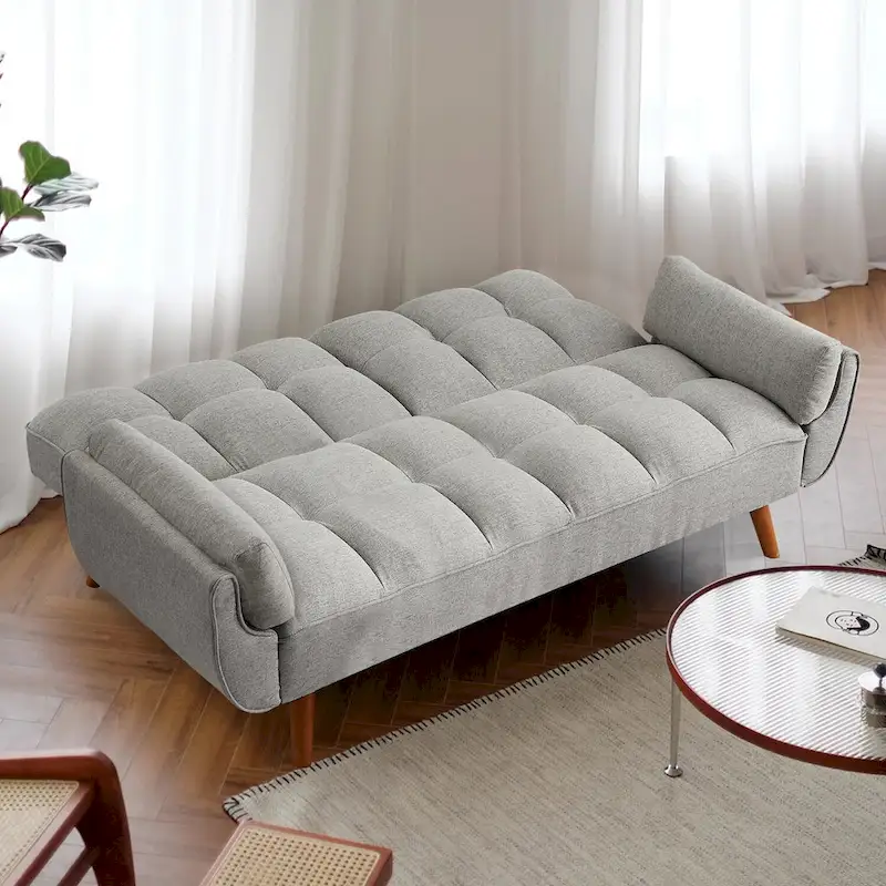 Convertible Futon Sofa Bed, Tufted Linen, Wood Legs, 3-Position Backrest, 500 lbs, Seats 2, Beige/Grey/Green/Yellow