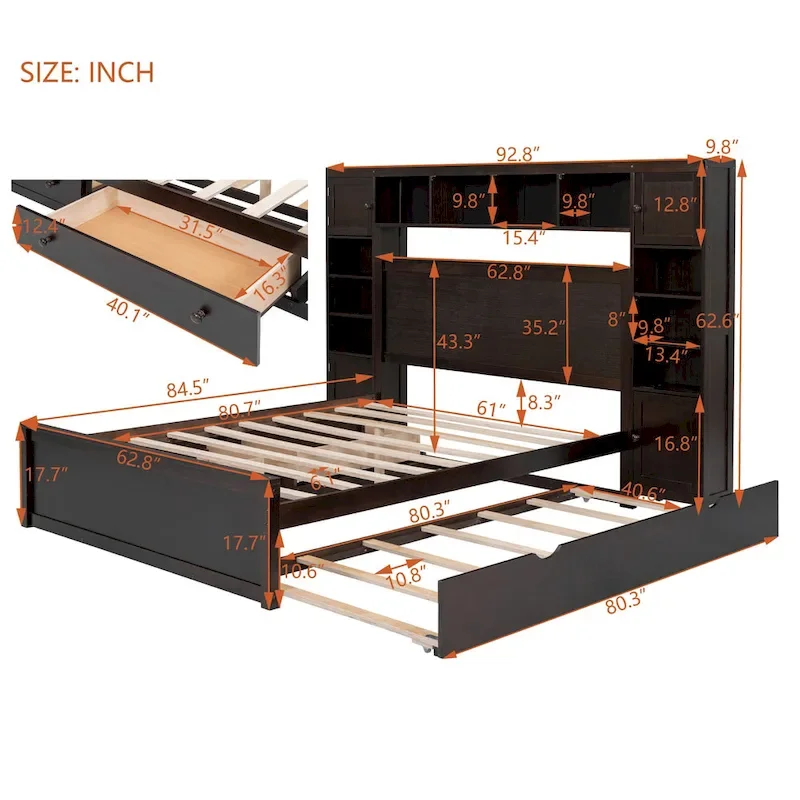 Modern Wooden Bed with Cabinet, Shelf, and Sockets