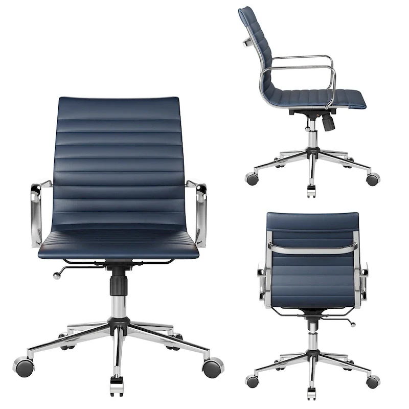 Ribbed Leatherite Office Chair with Chrome Frame, L-Shaped Arms and Swivel Base – Grey / White / Terracotta / Green / Brown / Black / Navy Blue / Gold & Navy Blue / Gold & Black / Gold & White, for 1 Person