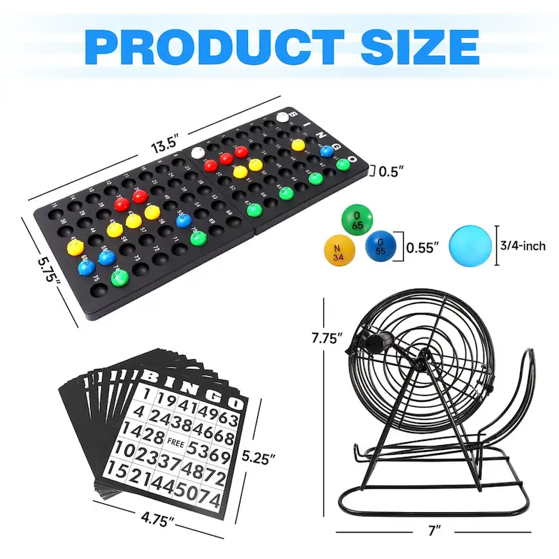 GSE Classic Bingo Game Set for Kids & Adults, Family - Roller Cage and Board, 75 Bingo Balls, 150 Bingo Chips, 18 Bingo Cards