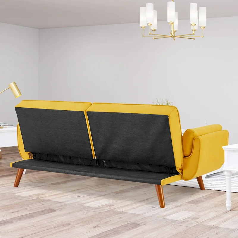 Convertible Futon Sofa Bed, Tufted Linen, Wood Legs, 3-Position Backrest, 500 lbs, Seats 2, Beige/Grey/Green/Yellow