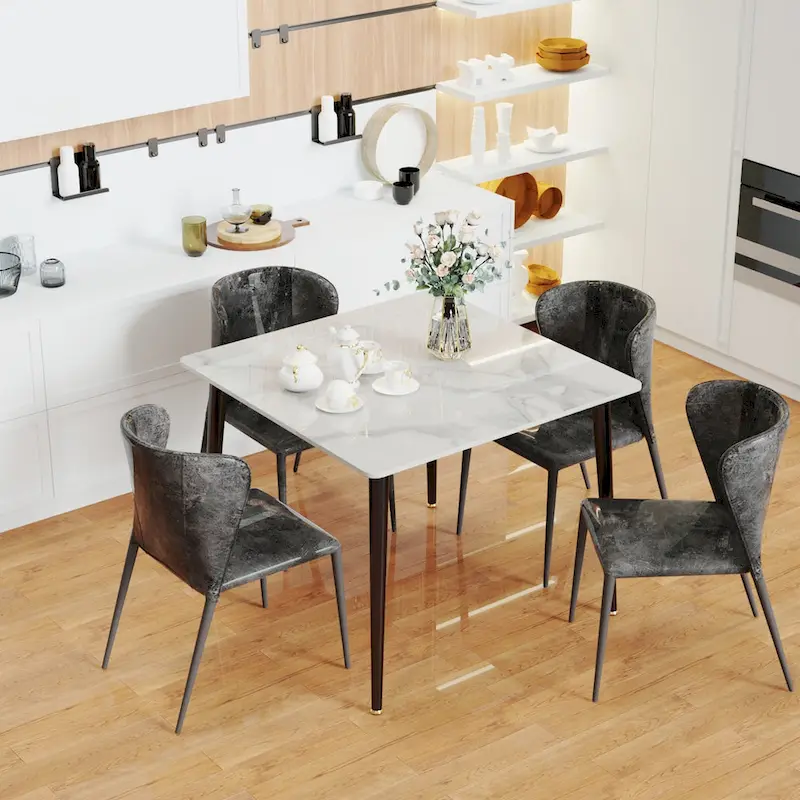 Modern Sintered Stone Marble Effect Table Top Kitchen Dining Table Square 4-Seat