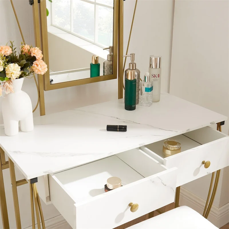 Bedroom Vintage Makeup Vanity Table Set with Stool and Mirror
