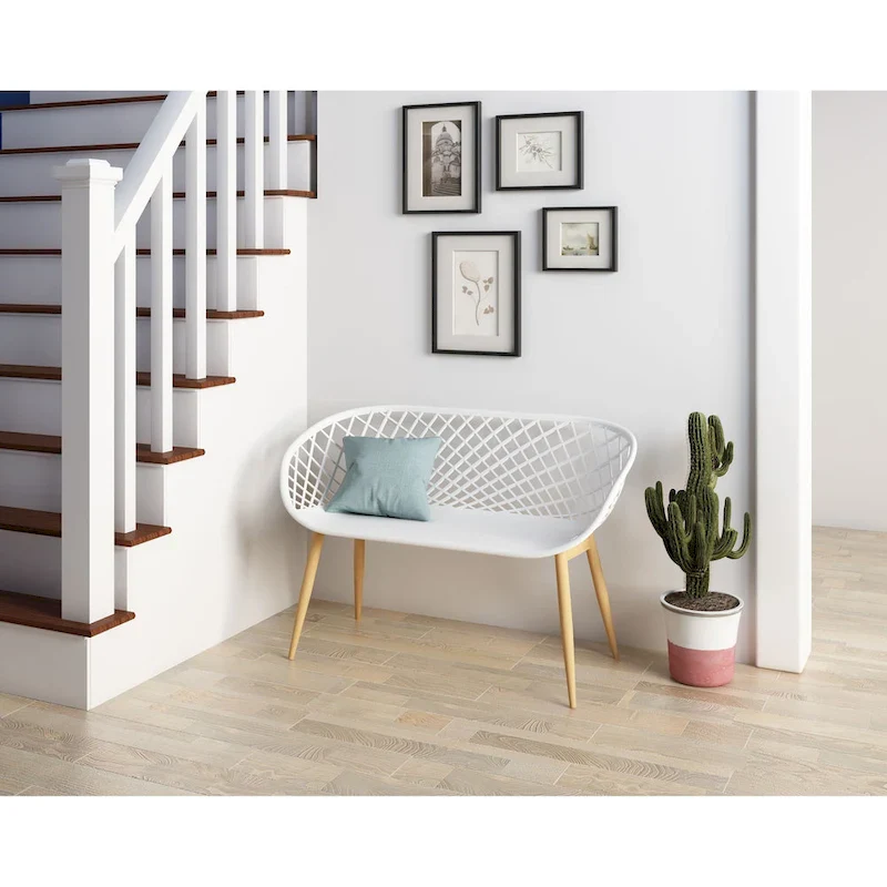 Kurv Indoor/Outdoor Bench, White/Natural, Weather Resistant