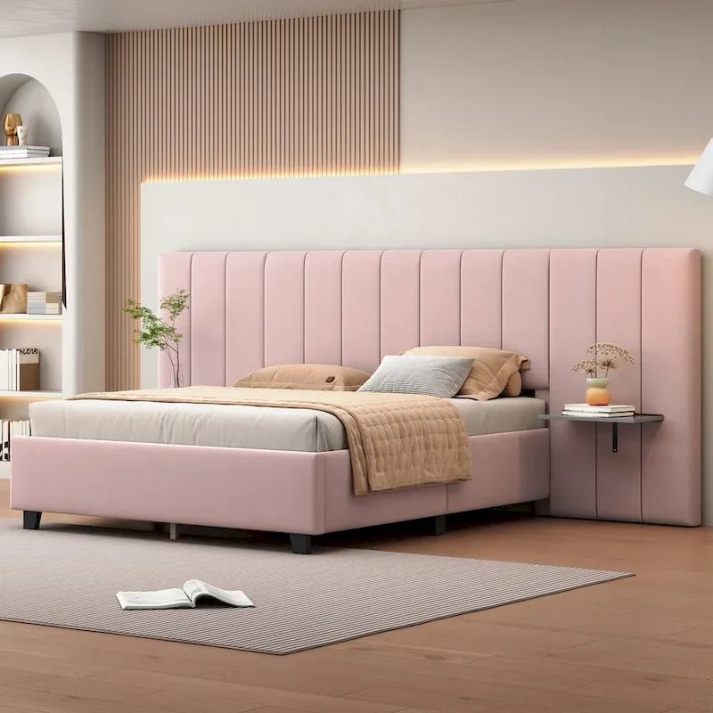 Modern Velvet Upholstered Platform Bed with Large Headboard