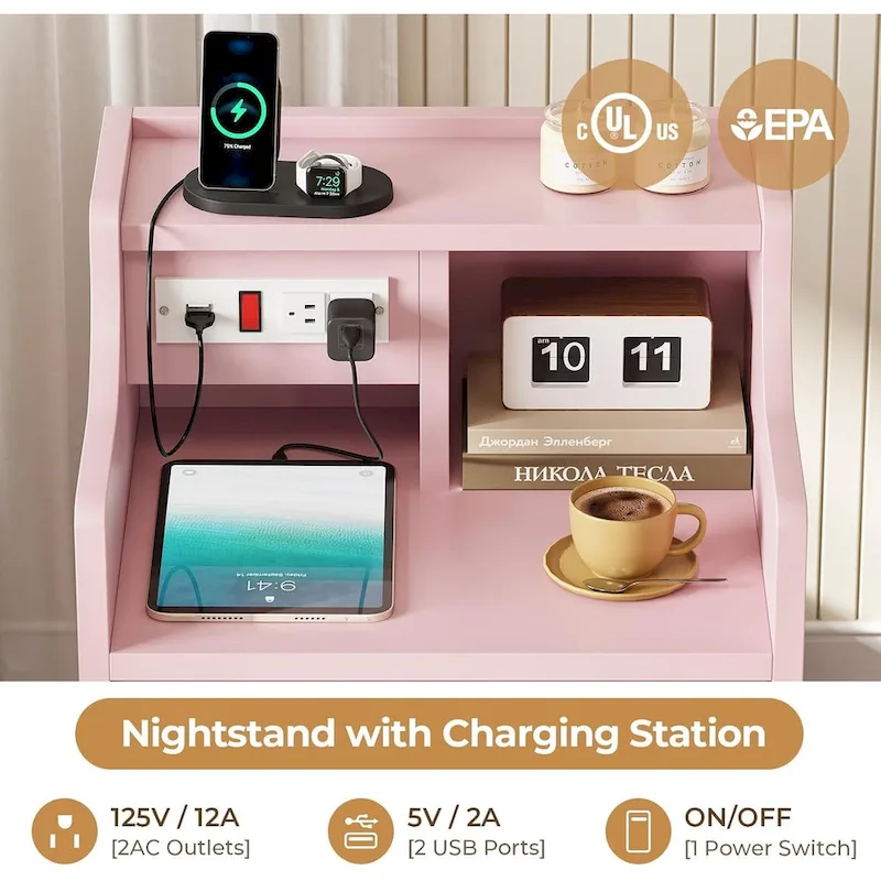 3-Drawer Nightstand with Built-in Charging Station and Open Shelf – White / Pink / Grey / Black, for 1 Person