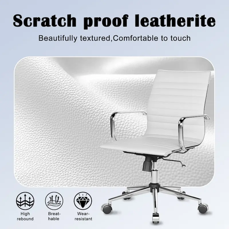 Ribbed Leatherite Office Chair with Chrome Frame, L-Shaped Arms and Swivel Base – Grey / White / Terracotta / Green / Brown / Black / Navy Blue / Gold & Navy Blue / Gold & Black / Gold & White, for 1 Person