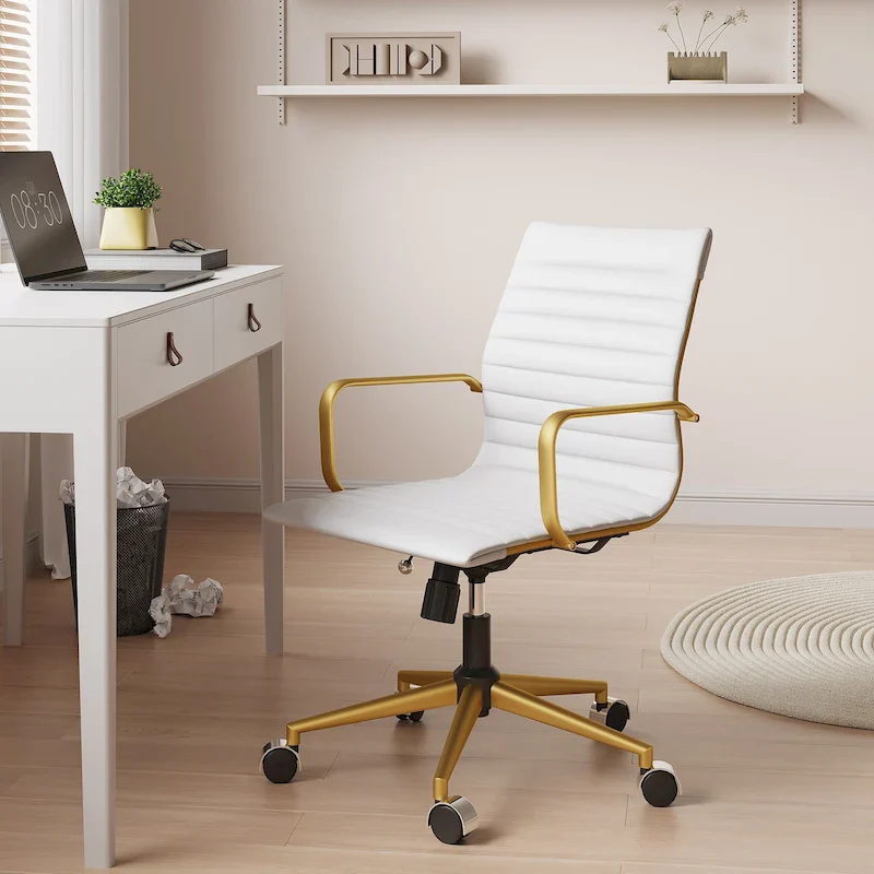 Ribbed Leatherite Office Chair with Chrome Frame, L-Shaped Arms and Swivel Base – Grey / White / Terracotta / Green / Brown / Black / Navy Blue / Gold & Navy Blue / Gold & Black / Gold & White, for 1 Person