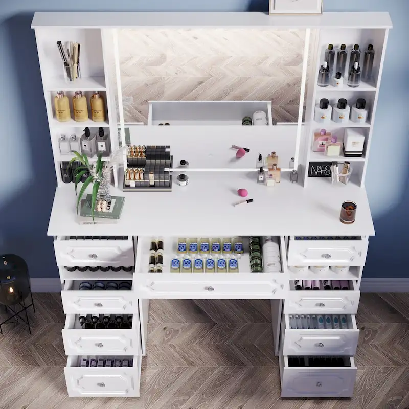 White/ Black Makeup Vanity with Lighted Mirror,Extra Large Vanity Desk with 9 Drawers,European Style Vanities