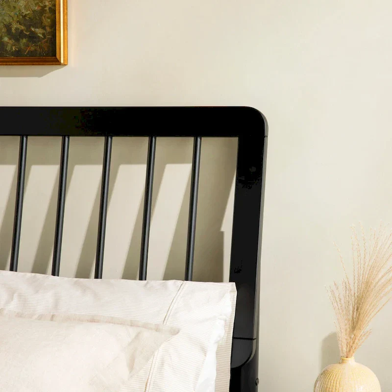 Queen Solid Wood Spindle Bed Frame with Pine Legs – Caramel / Natural Pine / Black, for 1–2 People