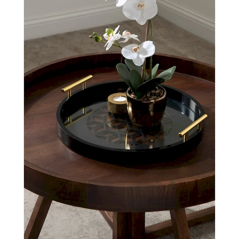 Kate and Laurel Caspen Round Pattern Decorative Metal Handles Tray