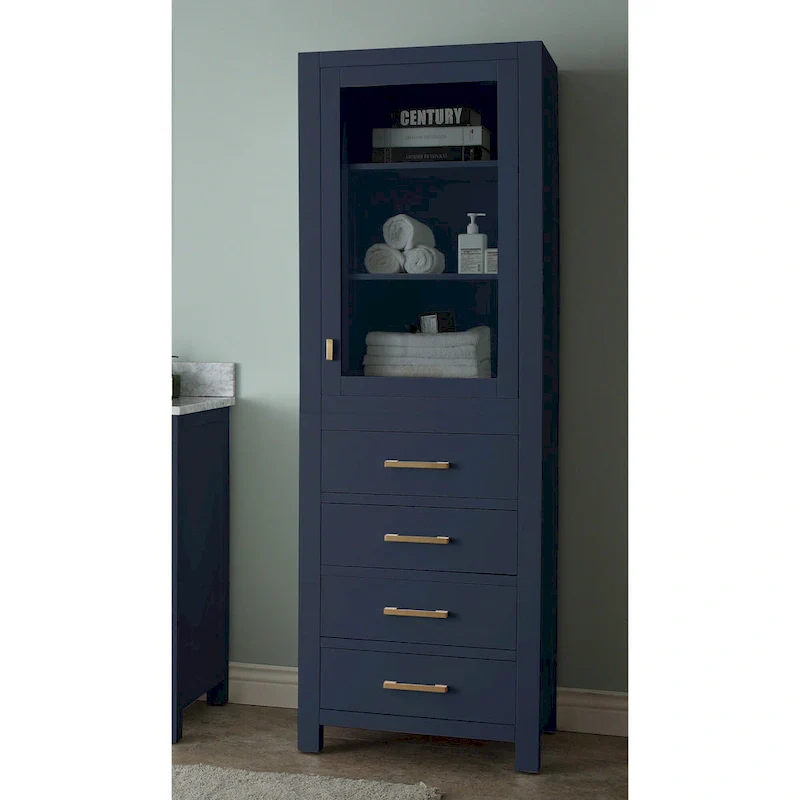 Chilled Gray Linen Tower with Glass Door, 4 Drawers & 2 Adjustable Shelves