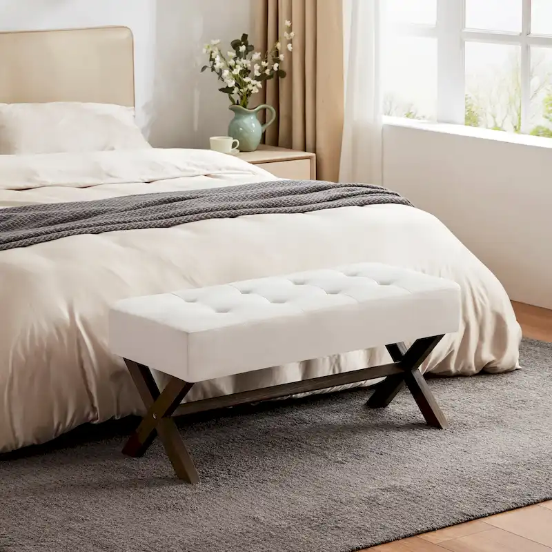 Upholstered Entryway Bench, Polyester, X-Shaped Wood Legs, 35.4