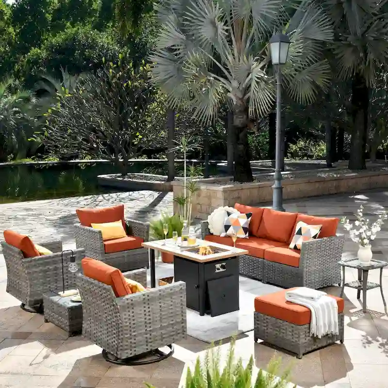 XIZZI 10-piece Outdoor Patio Furniture Rattan Wicker Conversation Sofa Set with Fire Pit