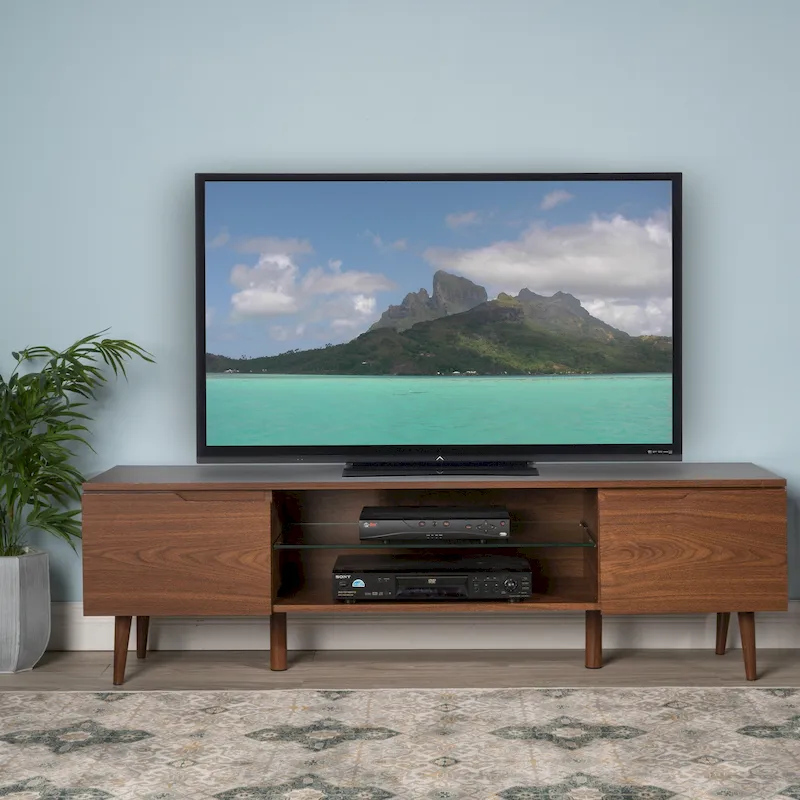 Walnut 59.2 TV Stand with 2 Cabinets & Tempered Glass Shelf for 40 TVs