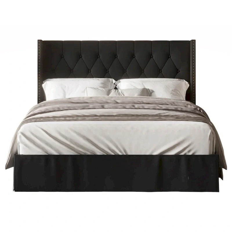 Tufted Upholstered Panel Bed, Wingback Headboard, Nailhead Trim, Seats 2, Grey/Black/Beige/Denim Blue, Twin/Full/Queen/King