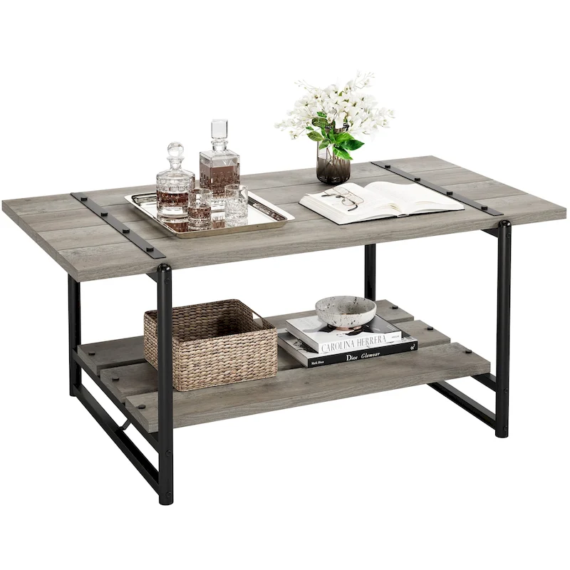41 Large 2-Tier Industrial Wood Coffee Table with Storage Shelf