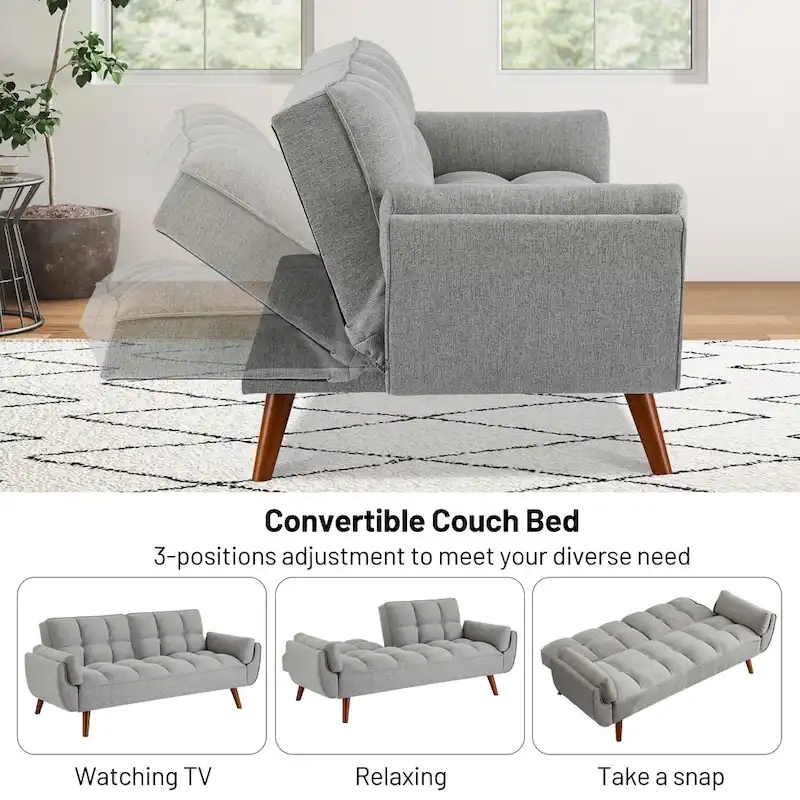 Convertible Futon Sofa Bed, Tufted Linen, Wood Legs, 3-Position Backrest, 500 lbs, Seats 2, Beige/Grey/Green/Yellow