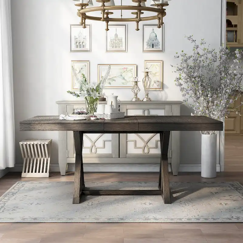 Expandable Dining Table, Rustic Farmhouse, Trestle Base, 18
