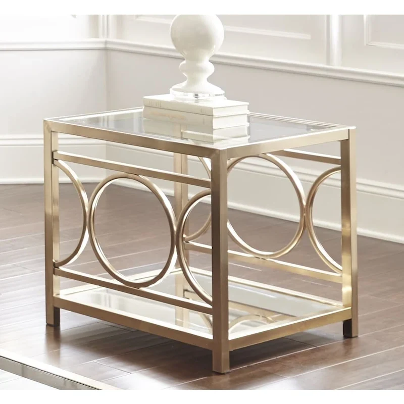 Steve Silver Oria Modern Tempered Glass and Gold Metal Side Table