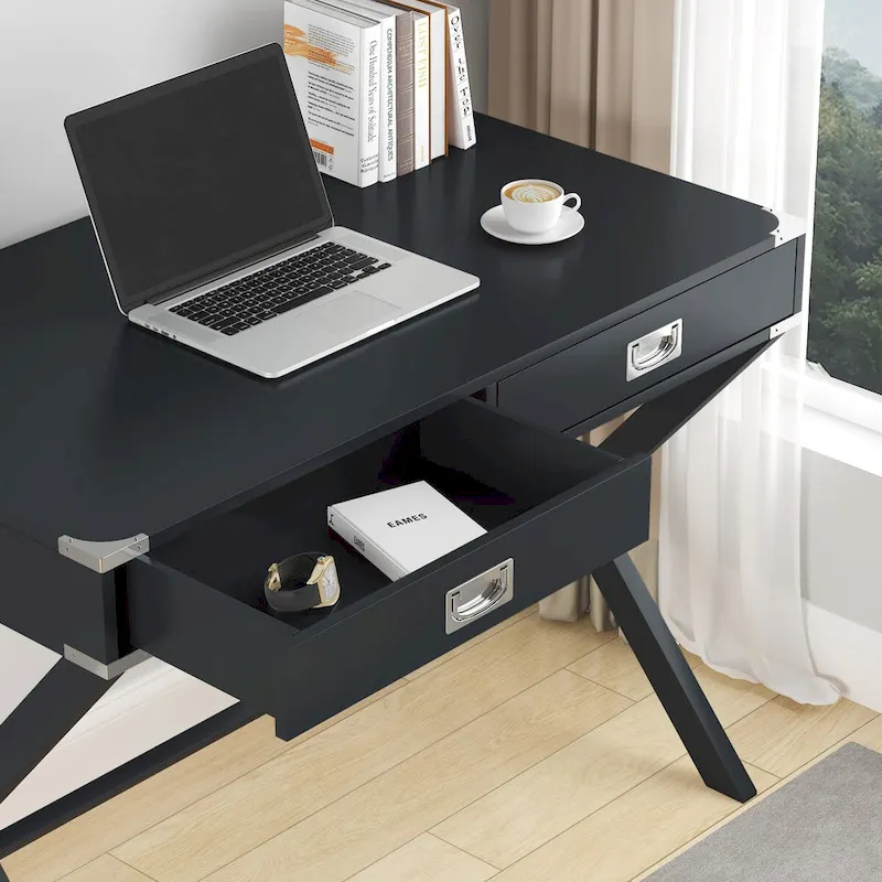 Computer Desk with Drawers, MDF Top & Solid Wood Legs, 42
