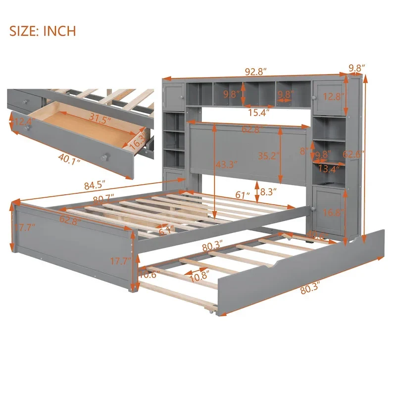 Modern Wooden Bed with Cabinet, Shelf, and Sockets
