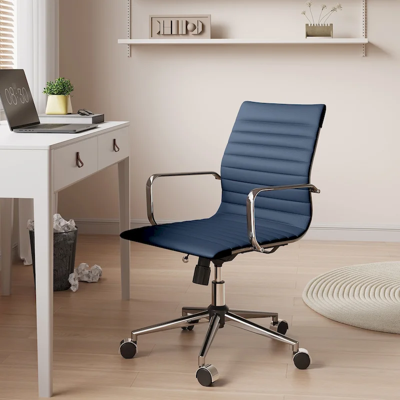Ribbed Leatherite Office Chair with Chrome Frame, L-Shaped Arms and Swivel Base – Grey / White / Terracotta / Green / Brown / Black / Navy Blue / Gold & Navy Blue / Gold & Black / Gold & White, for 1 Person