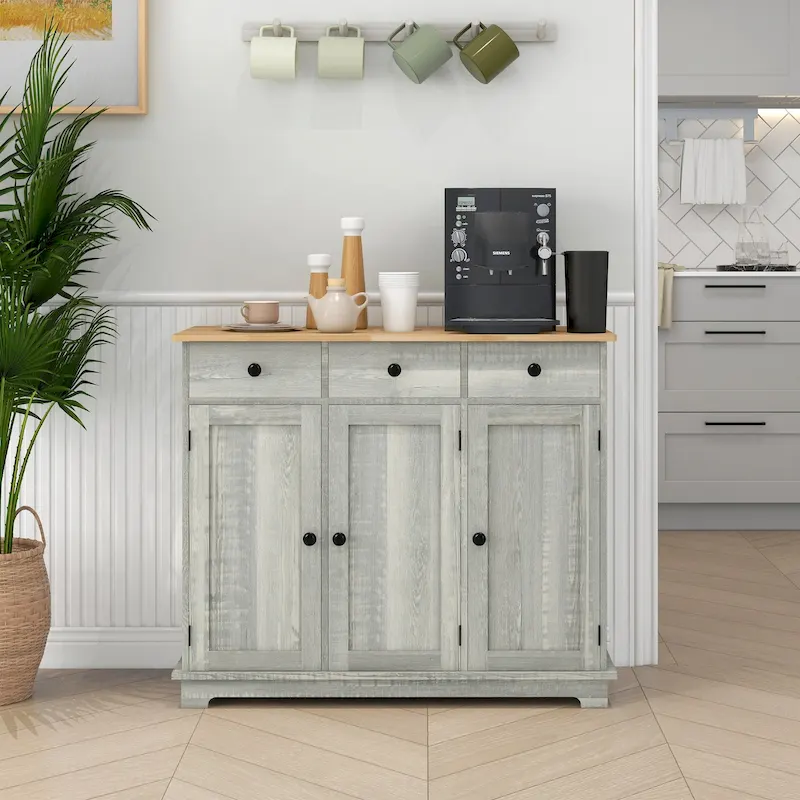HOMCOM Sideboard with Solid Wood Countertop, Modern Kitchen Storage Cabinet, Coffee Bar Cabinet with 3 Drawers