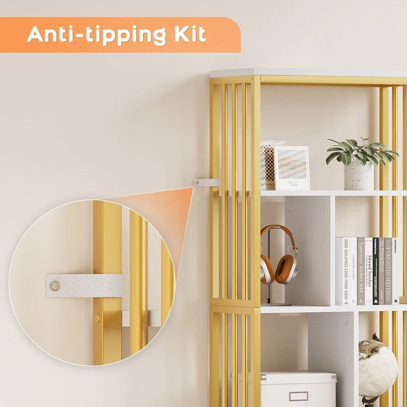 Yellow & Gold Finish Modern Bookshelf with Cabinet & 2 Drawers, Staggered Shelves