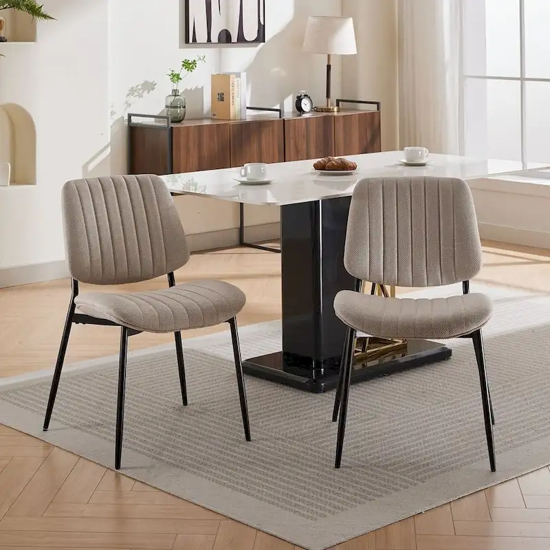 Retro Linen Dining Chairs Set of 2, Bentwood Back with Metal Legs